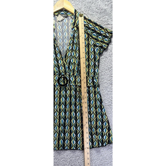 Vintage y2k Babydoll Top Small Black Green Geometric Tie Back V Neck Lettice Hem - Picture 4 of 10